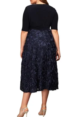Plus Tea-Length Lace & Jersey Cocktail Dress With Full Rosette Lace Skirt And Tie Belt
