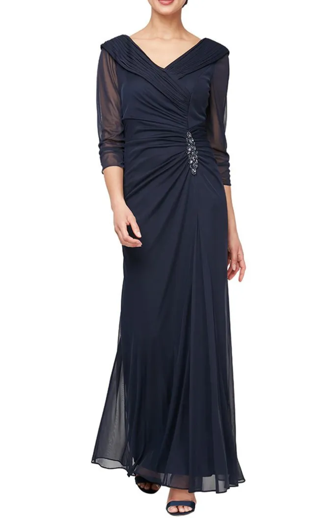 Portrait Collar Mesh Gown With Embellished Detail At Hip & Ruched Skirt Detail
