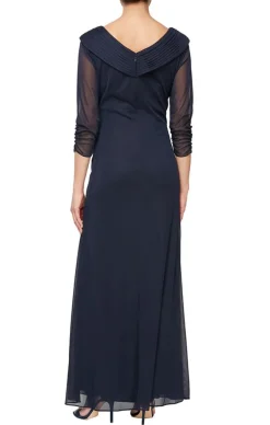 Portrait Collar Mesh Gown With Embellished Detail At Hip & Ruched Skirt Detail