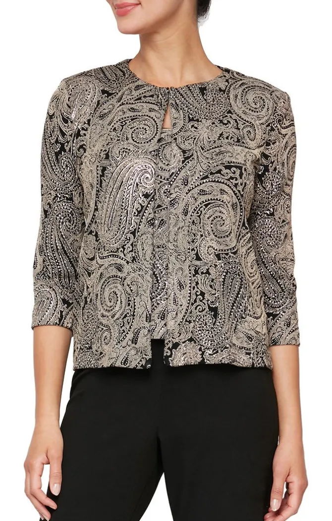 Printed 3/4 Sleeve Slinky Twinset With Glitter Detail And Hook And Eye Closure At Neck