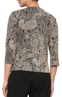 Printed 3/4 Sleeve Slinky Twinset With Glitter Detail And Hook And Eye Closure At Neck