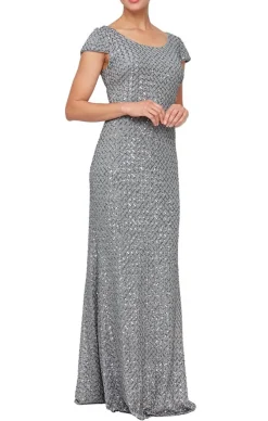 Regular - Long Fit & Flare Scoop Neck Sequin Gown With Cap Sleeves