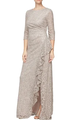 Sequin Lace Gown With 3/4 Sleeves & Cascade Detail Front Slit