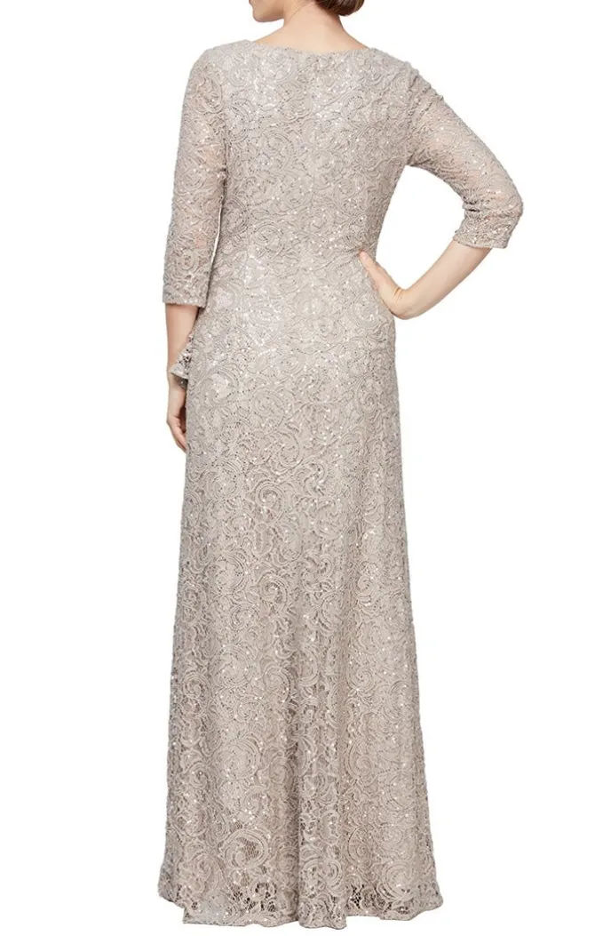 Sequin Lace Gown With 3/4 Sleeves & Cascade Detail Front Slit