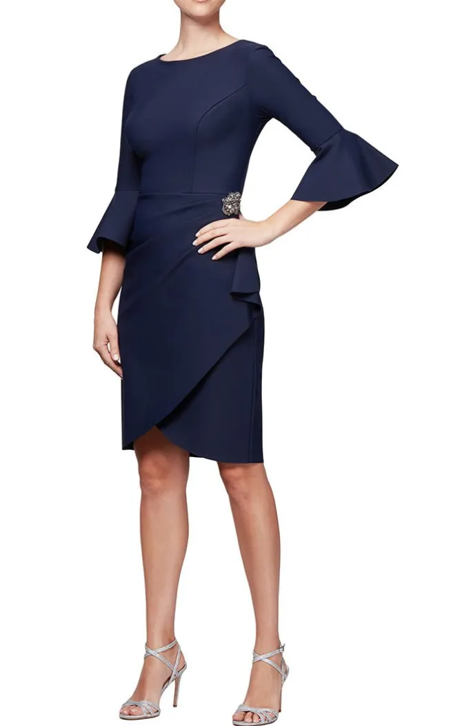 Sheath Compression Cocktail Dress With Bell Sleeves, Embellished Hip & Cascade Ruffle Detail