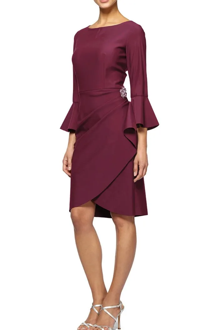 Sheath Compression Cocktail Dress With Bell Sleeves, Embellished Hip & Cascade Ruffle Detail