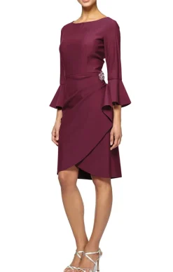 Sheath Compression Cocktail Dress With Bell Sleeves, Embellished Hip & Cascade Ruffle Detail