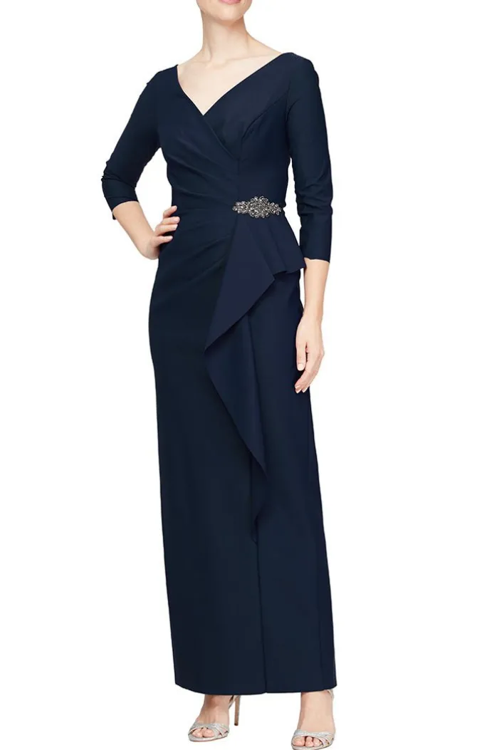 Sheath Compression Dress With Surplice Neckline & Cascade Ruffle Skirt