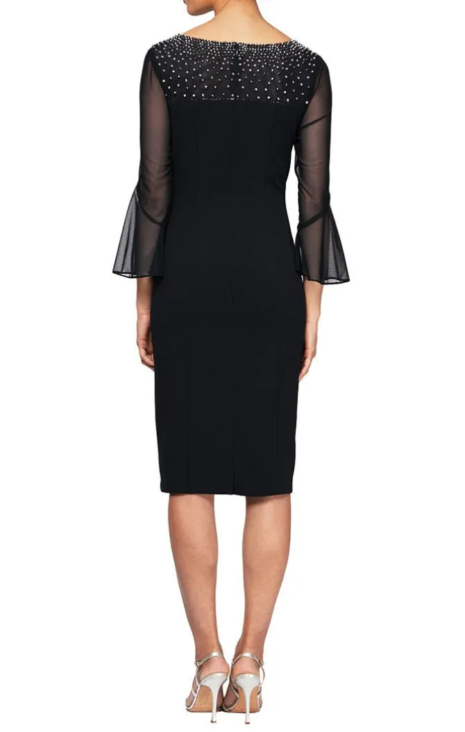 Sheath Crepe Dress With Embellished Illusion Mesh Neckline And Bell Sleeves