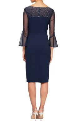 Sheath Crepe Dress With Embellished Illusion Mesh Neckline And Bell Sleeves