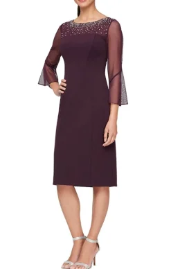 Sheath Crepe Dress With Embellished Illusion Mesh Neckline And Bell Sleeves