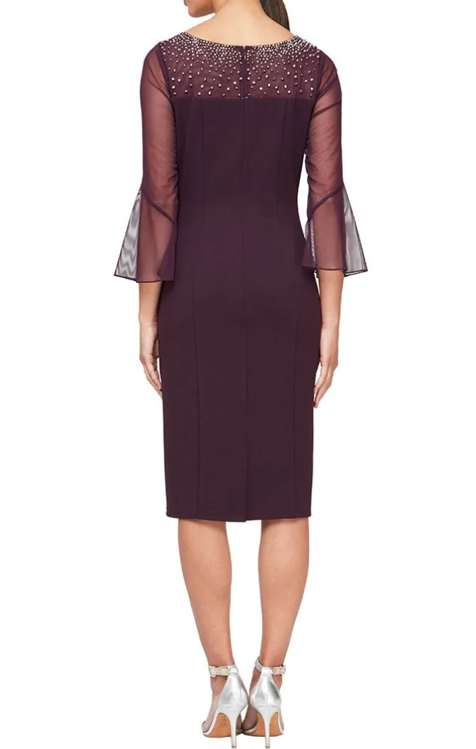 Sheath Crepe Dress With Embellished Illusion Mesh Neckline And Bell Sleeves