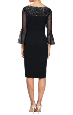 Sheath Crepe Dress With Embellished Illusion Mesh Neckline And Bell Sleeves