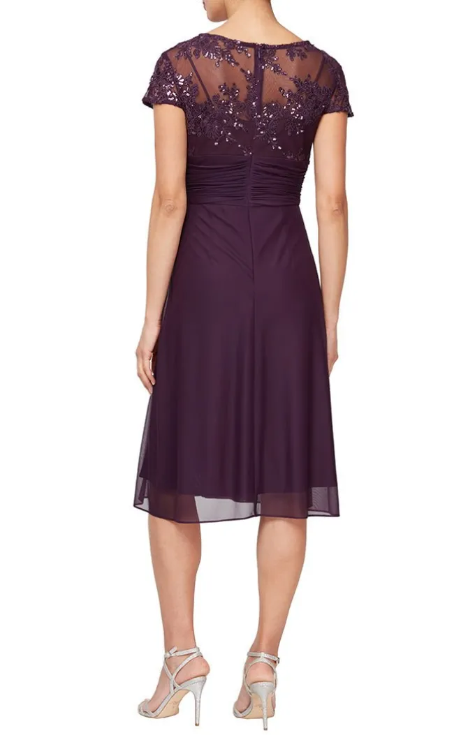 Short Cap Sleeve Empire Waist Dress With Scallop Detail & Ruched Waist