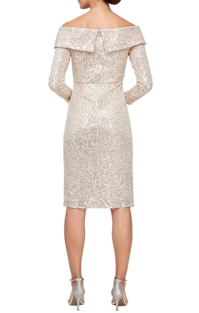 Short Off-The-Shoulder Sequin Sheath Dress With Overlay Cuff Neckline