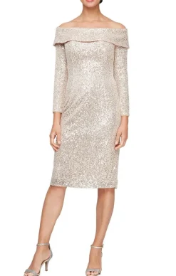 Short Off-The-Shoulder Sequin Sheath Dress With Overlay Cuff Neckline