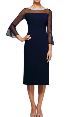 Short Sheath Crepe Cocktail Dress With Beaded Illusion Neckline & Bell Sleeves