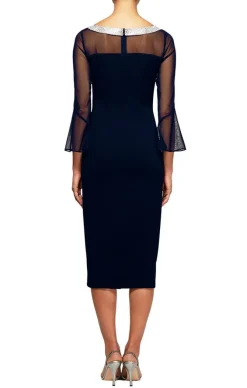 Short Sheath Crepe Cocktail Dress With Beaded Illusion Neckline & Bell Sleeves
