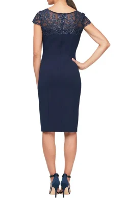 Short Sheath Dress With Embroidered Illusion Neckline And Cap Sleeves