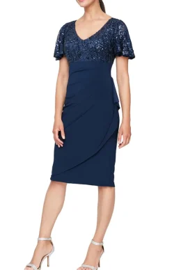 Short V-Neck Empire Waist Sheath Dress With Flutter Sleeves & Cascade Detail Skirt