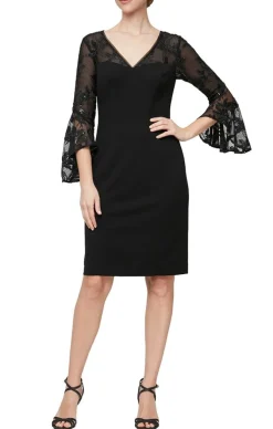Short V-Neck Sheath Crepe Dress With Illusion Neckline & Cascade Bell Sleeves