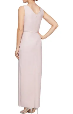 Sleeveless Compression Sheath Gown With Surplice Neckline & Beaded Detail At Hip