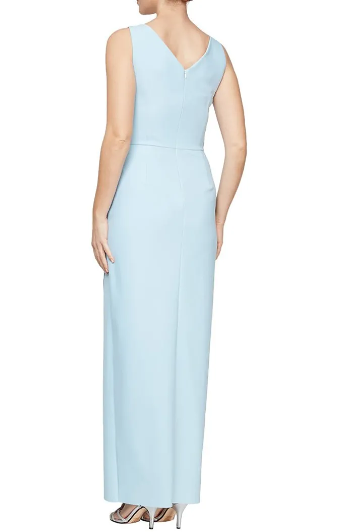 Sleeveless Compression Sheath Gown With Surplice Neckline & Beaded Detail At Hip