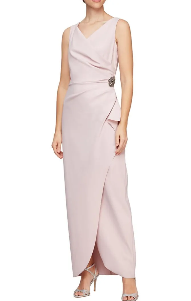 Sleeveless Compression Sheath Gown With Surplice Neckline & Beaded Detail At Hip