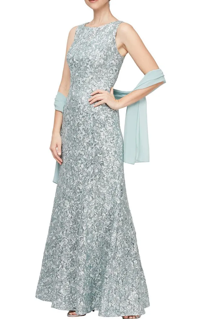 Sleeveless Corded Fit And Flare Dress With Shawl