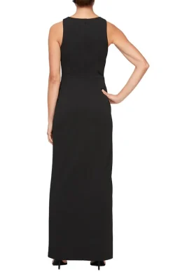 Sleeveless Crepe Column Dress With Rhinestone Trim Slit Detail