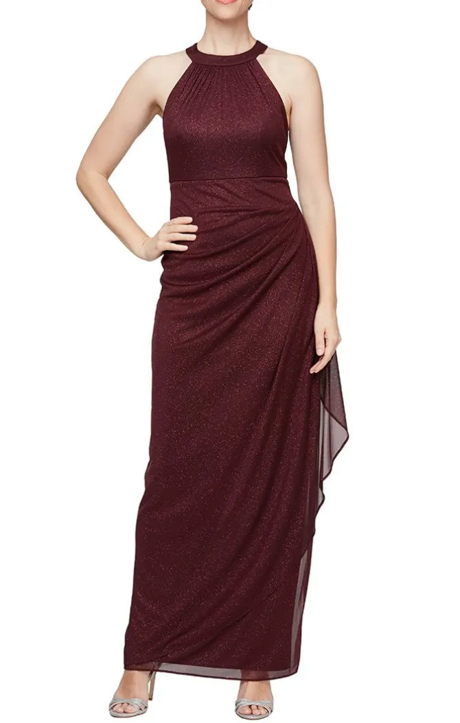 Sleeveless Glitter Mesh Halter Neck Dress With Cascade Detail Skirt