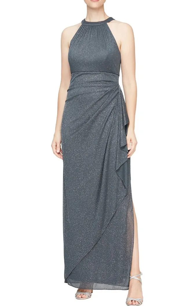Sleeveless Glitter Mesh Halter Neck Dress With Cascade Detail Skirt
