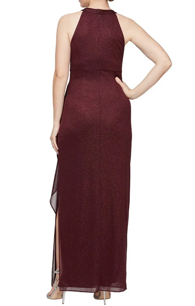 Sleeveless Glitter Mesh Halter Neck Dress With Cascade Detail Skirt