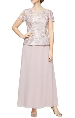 Soutache Lace Bodice Dress With Illusion Neckline And A-Line Chiffon Skirt