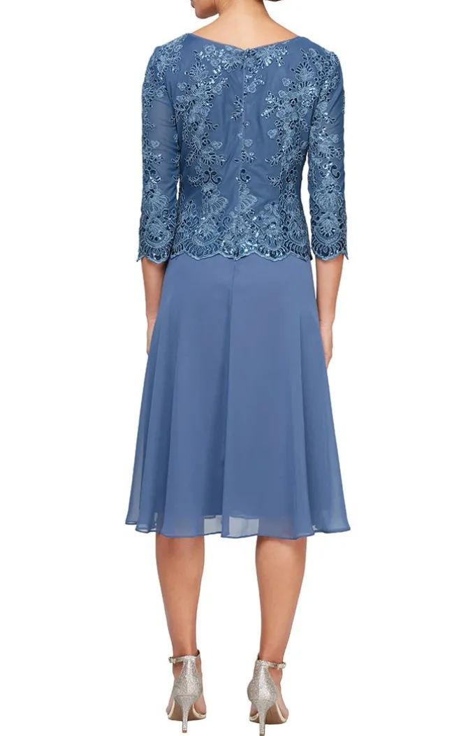 Tea Length Embroidered Mock Dress With Full Skirt & Scallop Detail