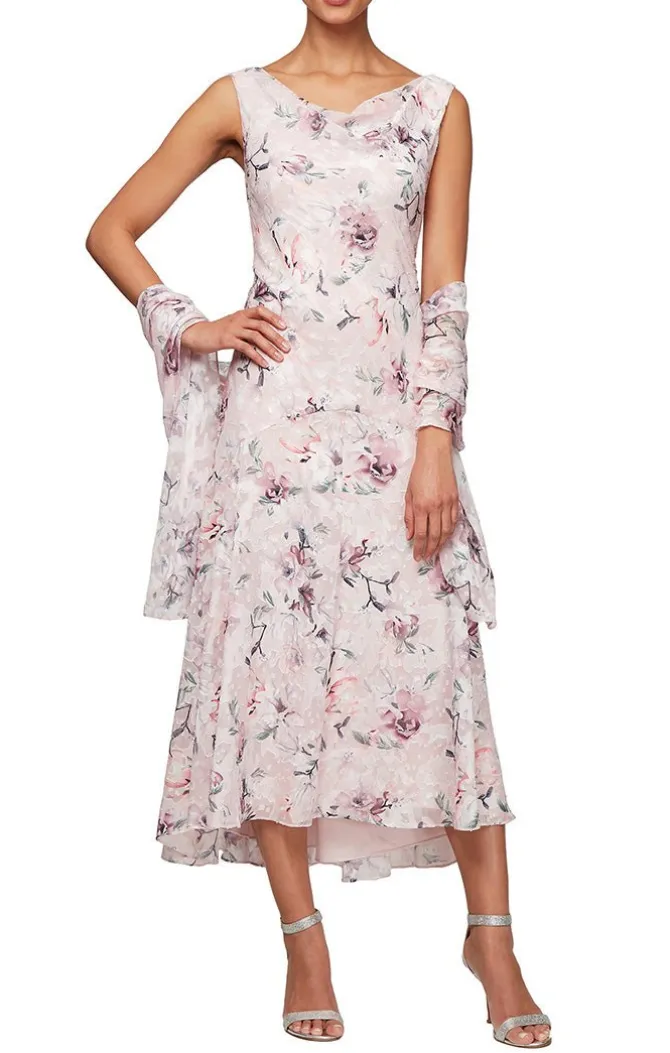 Tea-Length Cowl Neck Printed Chiffon Dress With High/Low Skirt And Shawl