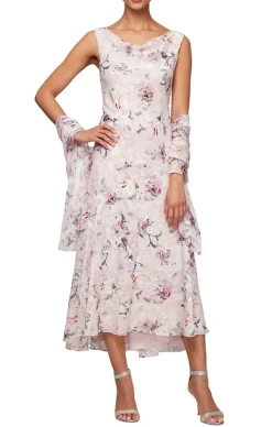 Tea-Length Cowl Neck Printed Chiffon Dress With High/Low Skirt And Shawl