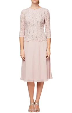 Tea-Length Dress With Sequin Lace Bodice & Chiffon Skirt