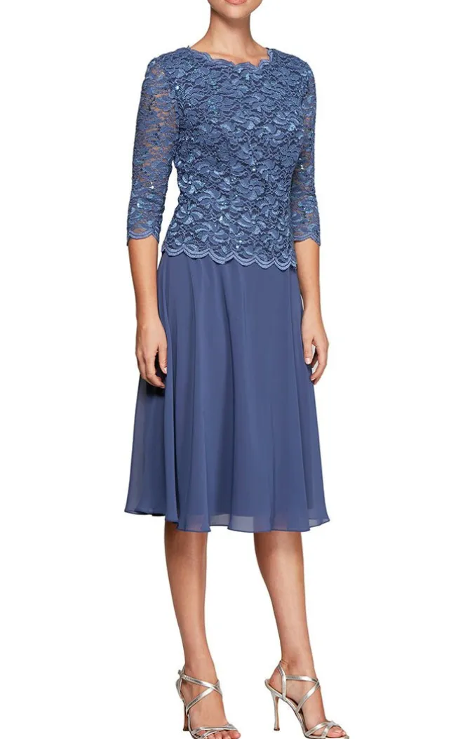 Tea-Length Dress With Sequin Lace Bodice & Chiffon Skirt