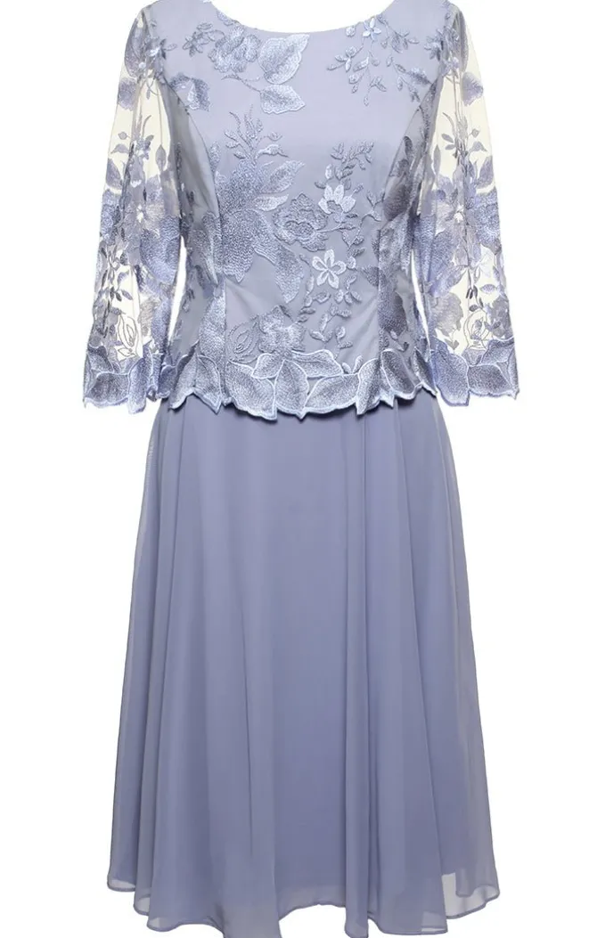 Tea-Length Embroidered Mock Dress With Illusion Sleeves, Scallop Detail And Full Skirt