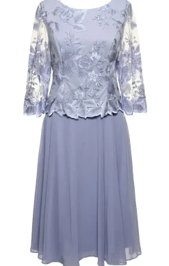 Tea-Length Embroidered Mock Dress With Illusion Sleeves, Scallop Detail And Full Skirt
