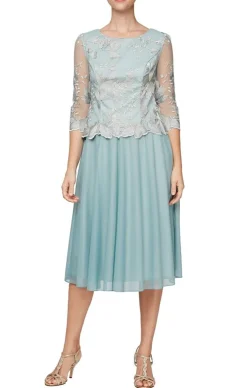 Tea-Length Embroidered Mock Dress With Illusion Sleeves, Scallop Detail And Full Skirt