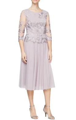 Tea-Length Embroidered Mock Dress With Illusion Sleeves, Scallop Detail And Full Skirt
