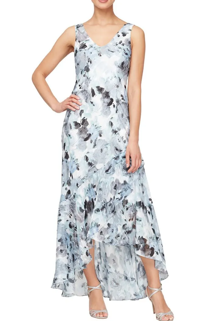 Tea-Length Floral Chiffon Jacket Dress With High/Low Tulip Hem Skirt