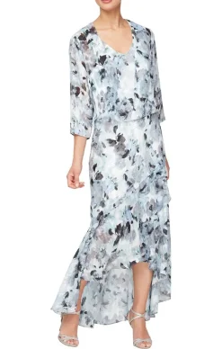 Tea-Length Floral Chiffon Jacket Dress With High/Low Tulip Hem Skirt