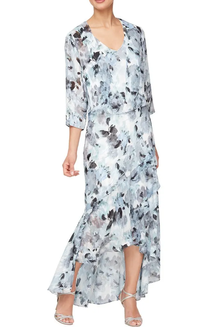 Tea-Length Floral Chiffon Jacket Dress With High/Low Tulip Hem Skirt