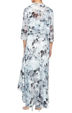Tea-Length Floral Chiffon Jacket Dress With High/Low Tulip Hem Skirt
