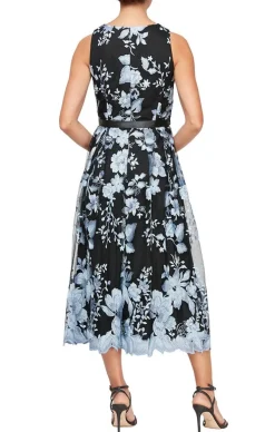 Tea-Length Sleeveless Embroidered Dress With Full Skirt & Tie Belt