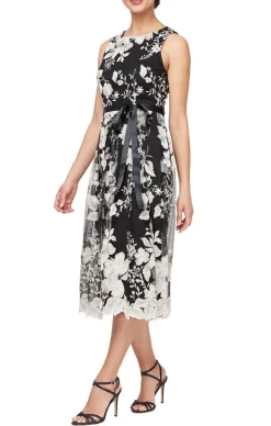 Tea-Length Sleeveless Embroidered Dress With Full Skirt & Tie Belt