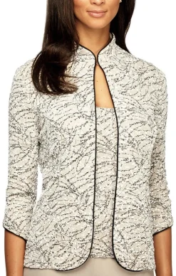 Textured Mandarin Neck Glitter Knit 3/4 Sleeve Twinset